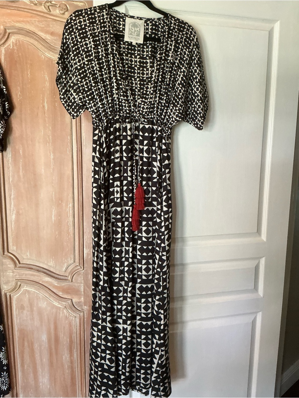 Sohalia (aka Omika) Black & White Maxi Pia Caftan Dress with Red Tassel size O/S